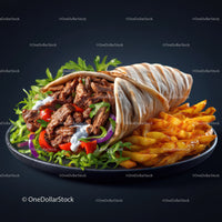 Beef Burrito with Fresh Vegetables and Crispy Fries on Plate