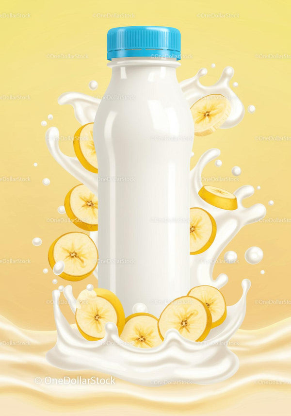 Banana flavored milk bottle with fresh fruit splash JPG Mockup Image