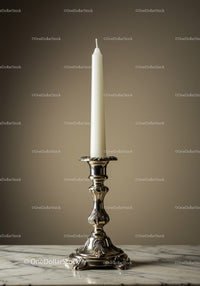 Silver Candlestick with White Candle on Elegant Marble Table