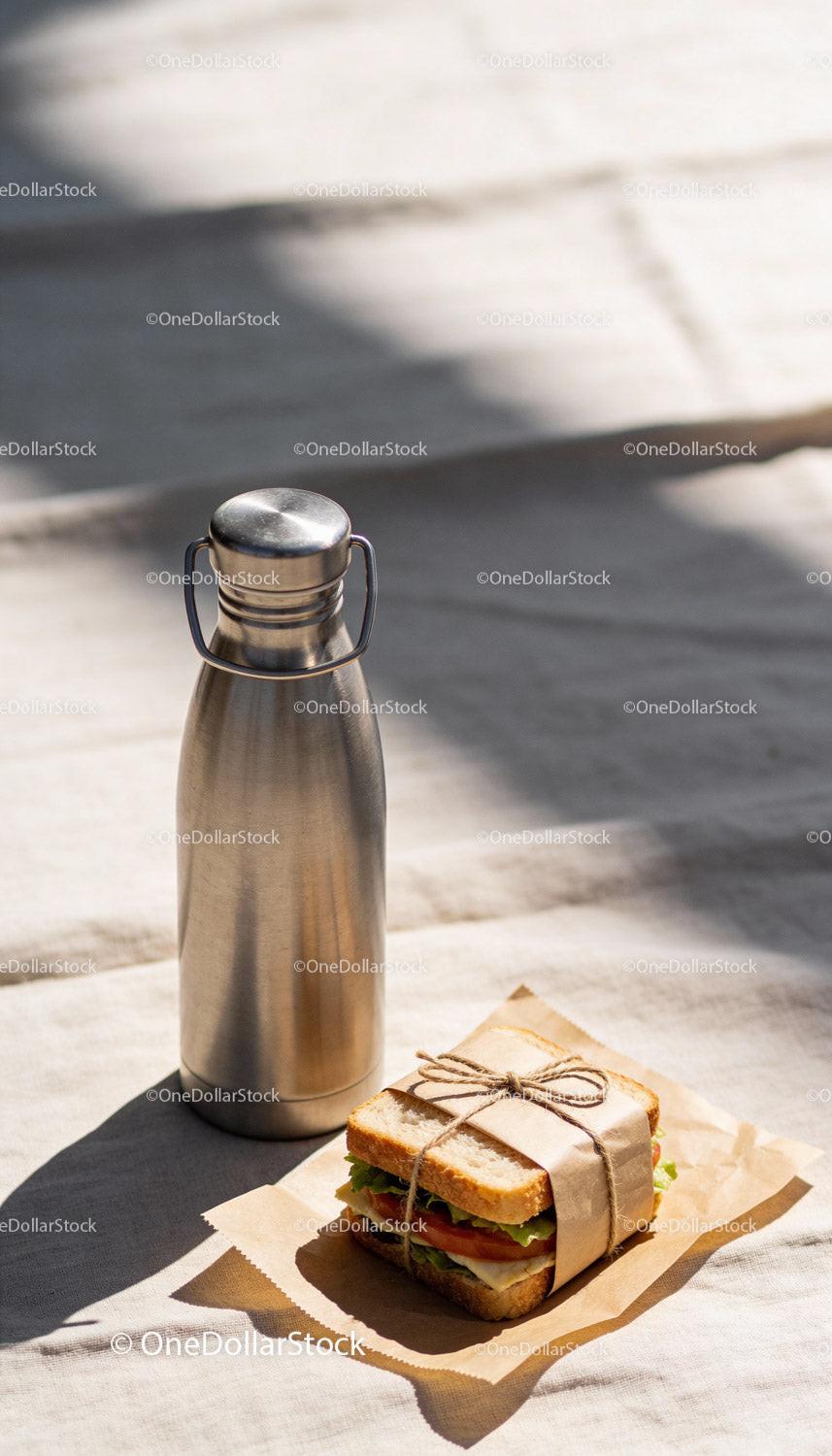 Reusable Bottle and Fresh Sandwich Packed for Lunch