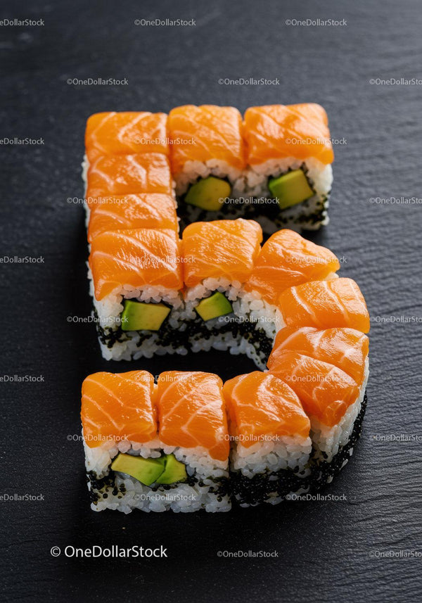 Rolki sushi ułożone w kształt cyfry pięć na łupku