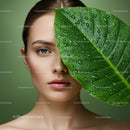 Elegant Woman With Half of Face Covered by Green Tropical Leaf