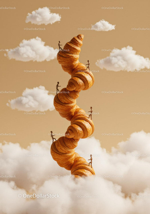 Miniature figures climbing giant twisted croissant tower
