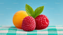 Red Raspberries and Orange Apricot on Green and White Checkered Cloth