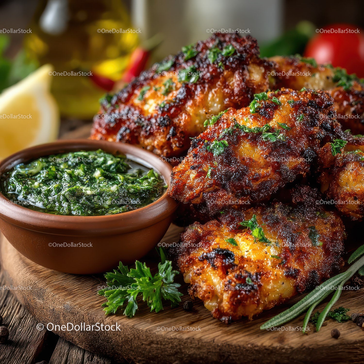 Herb-Glazed Crispy Fried Chicken with Spicy Dip on Wooden Platter