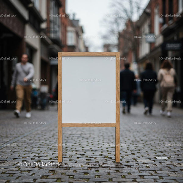 Blank wooden signboard on cobblestone city street JPG Mockup Image