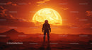 Astronaut Standing on Alien Planet with Large Sun Setting Behind