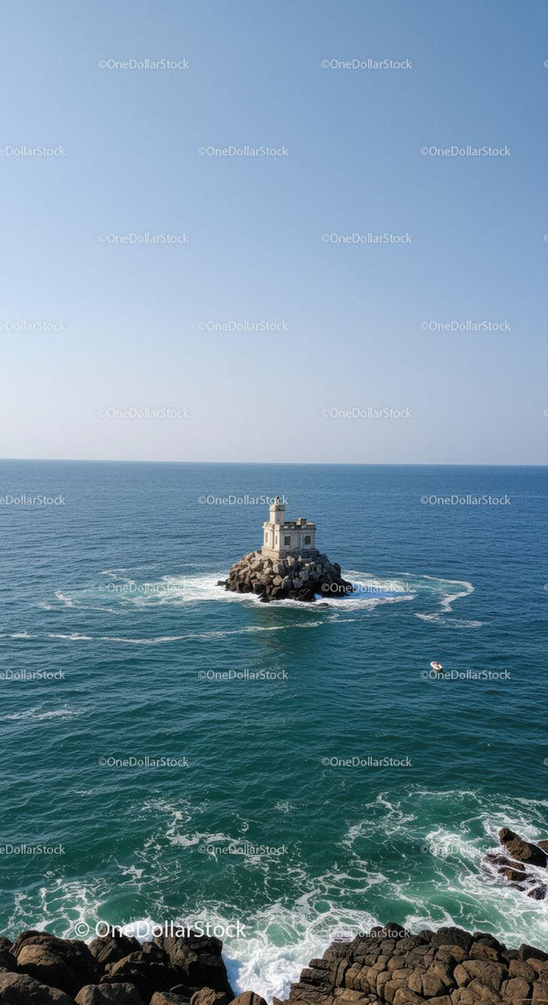 Small Lighthouse on Rocky Island Over Calm Blue Ocean