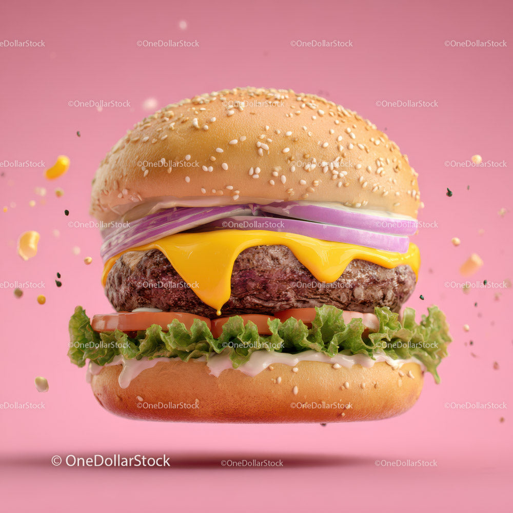 Soczysty cheeseburger z sałatą, pomidorem i cebulą w tostowanej bułce