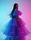 Vibrant Fashion Model in Colorful Tulle Dress with Neon Lighting
