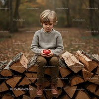Young boy holding red apple sitting on firewood stack
