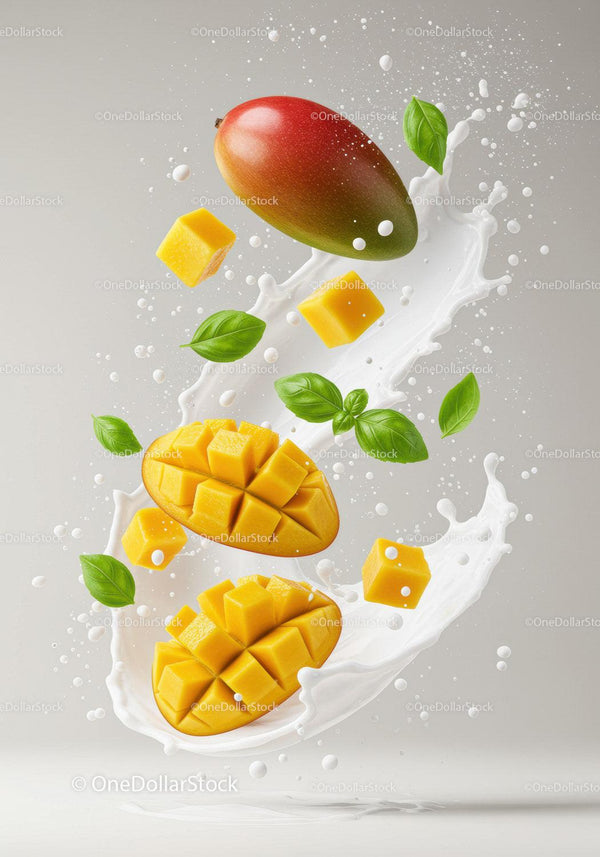 Fresh mango cubes and leaves splashing in milk