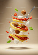 Floating Italian Pasta with Meatballs and Fresh Ingredients