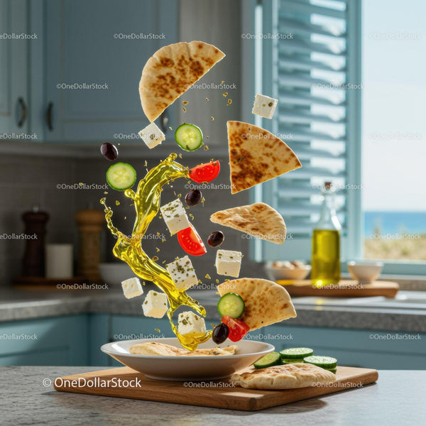 Mediterranean Salad Ingredients Floating Over Plate