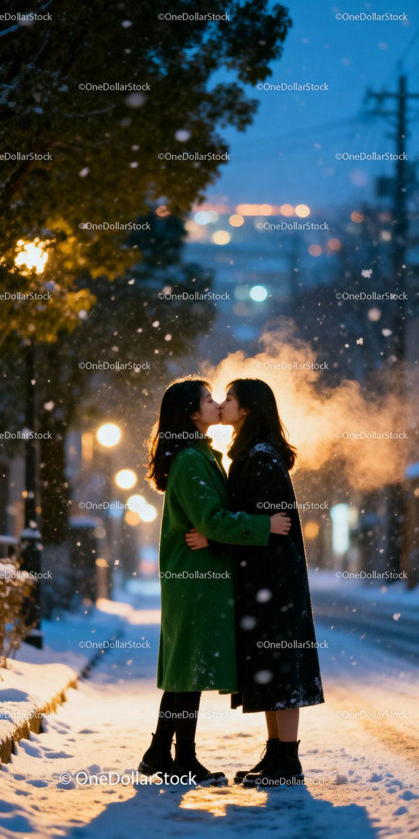 Couple sharing a warm kiss on snowy winter evening