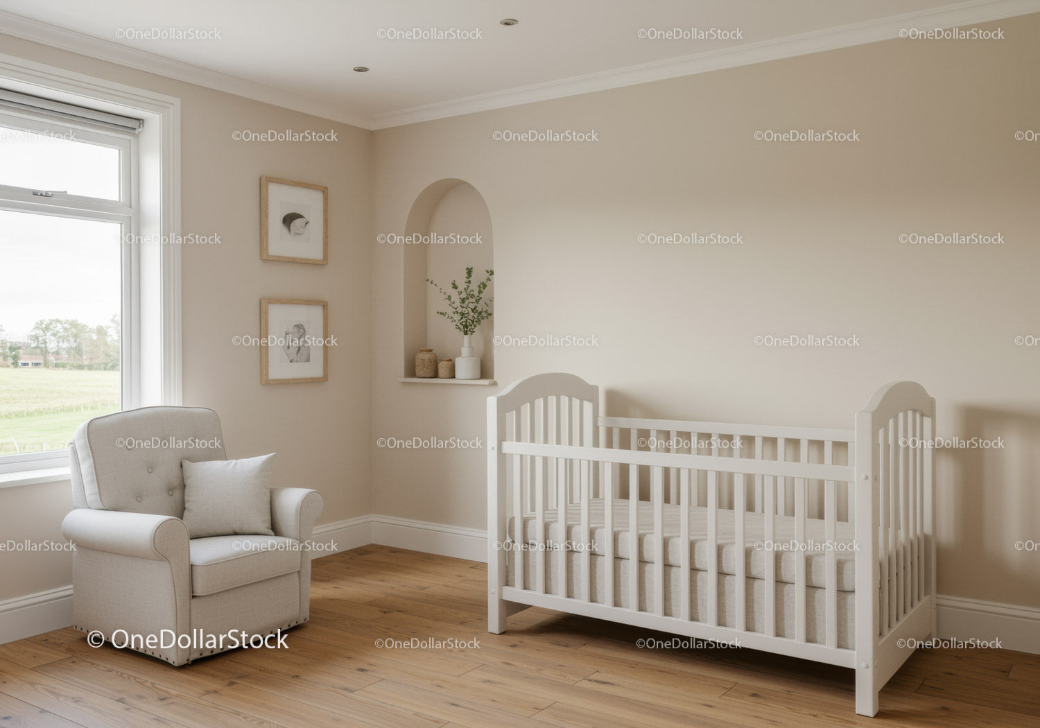 Neutral Nursery Room with Baby Crib and Cozy Armchair