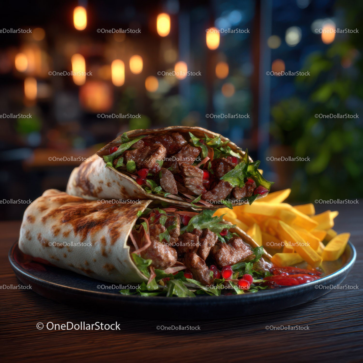 Hearty Beef Burrito with Fresh Salad and Crispy Fries