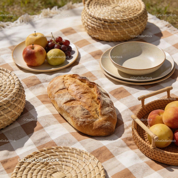 Rustic picnic setup with fresh fruits and crusty bread