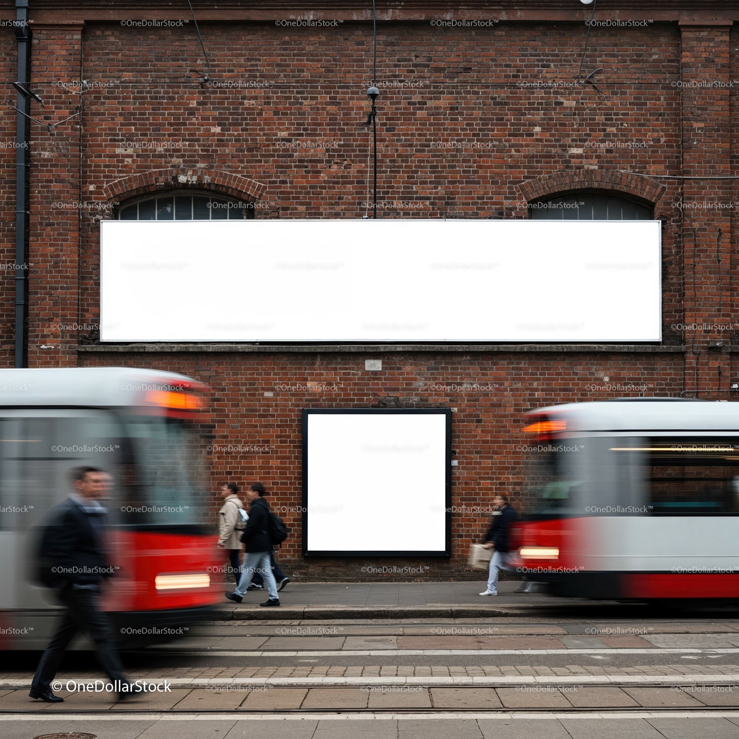Busy urban street with trams and blank advertising boards