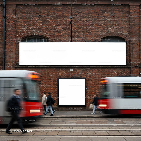 Busy urban street with trams and blank advertising boards JPG Mockup Image