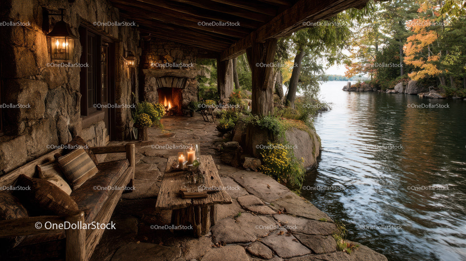 Rustic Riverside Cabin with Stone Fireplace Surrounded by Autumn Foliage