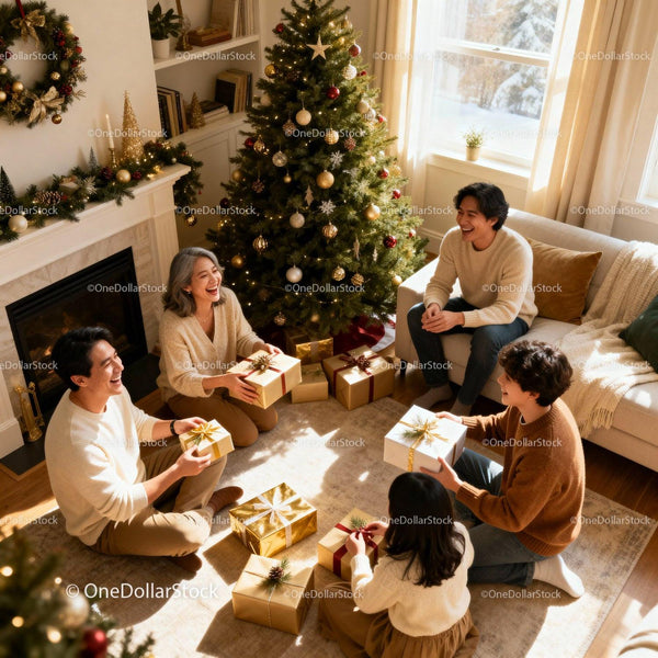 Family Exchanging Gifts Around Christmas Tree at Home