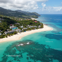 Tropical Beach with White Sand and Turquoise Ocean Under Cloudy Sky