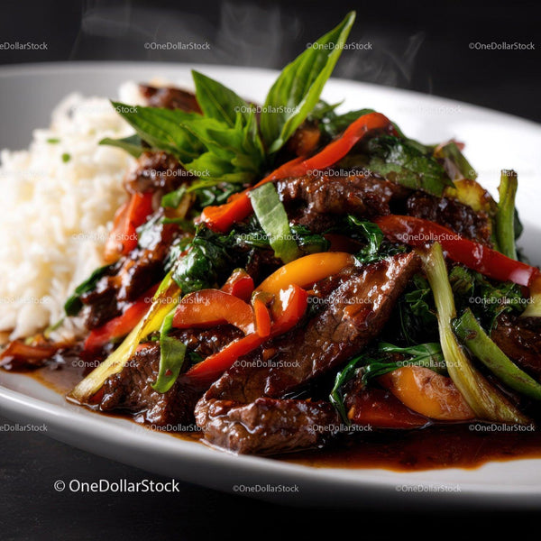 Colorful Beef and Vegetable Stir-Fry with Rich Sauce in Gourmet Dish