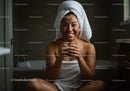 Happy Woman Relaxing After Shower with Towel on Head in Bathroom