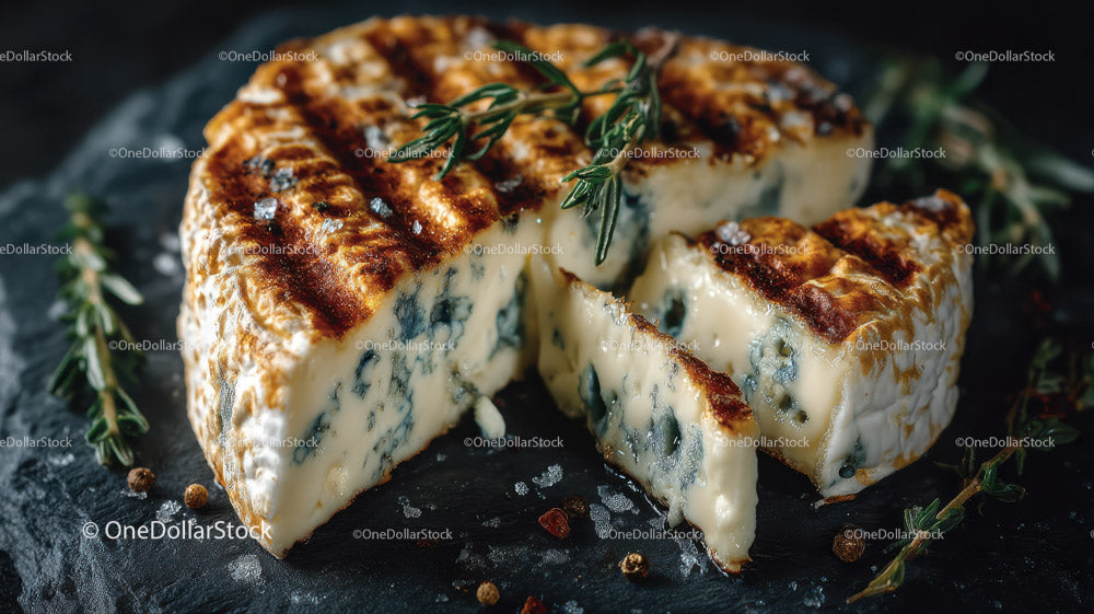 Artisan Blue Cheese Wheel on Dark Rustic Surface in Gourmet Food Setting