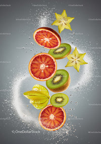 Fresh tropical fruit slices suspended in sparkling water