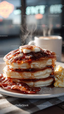Delicious Fluffy Pancakes with Maple Syrup and Butter
