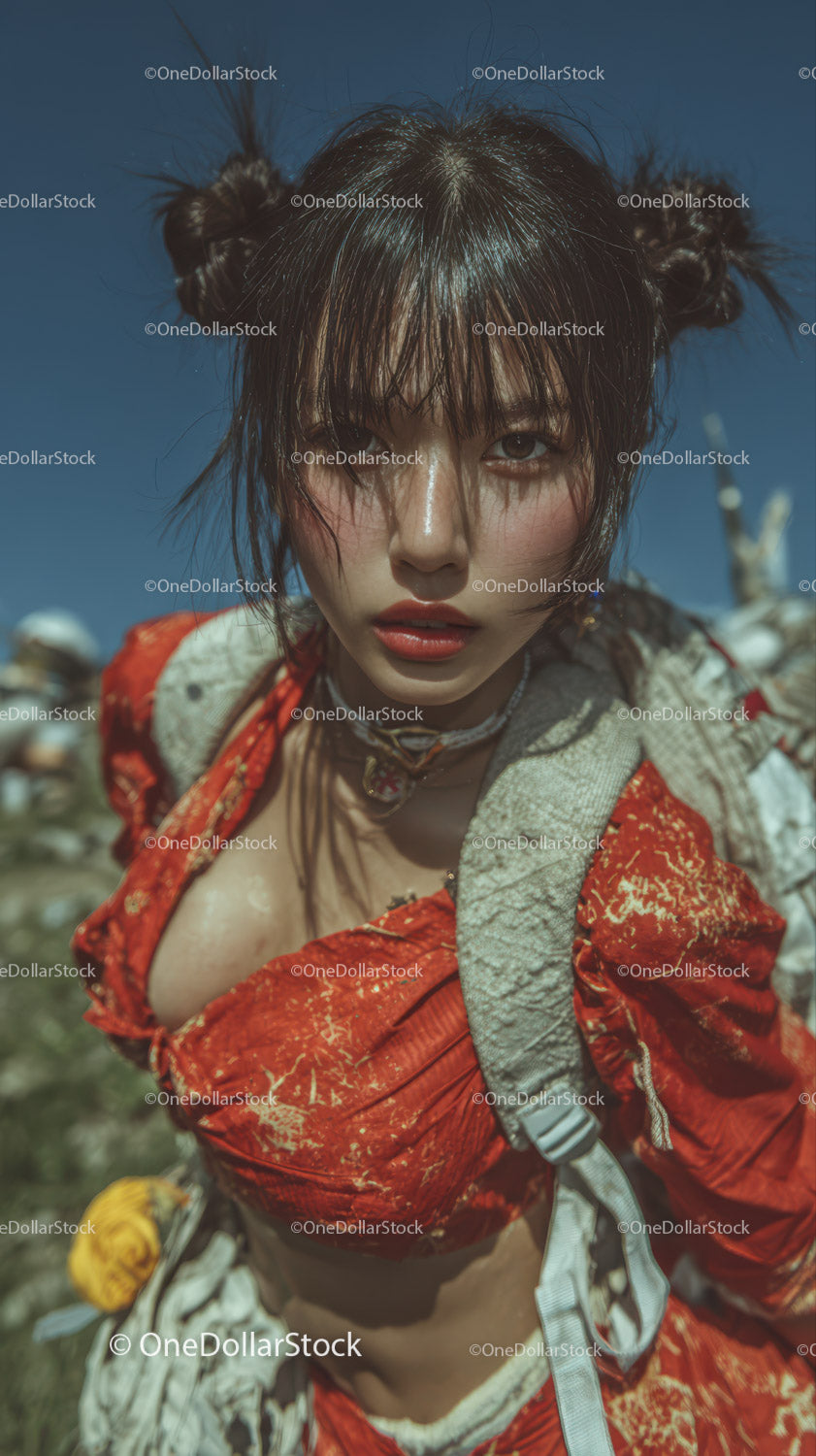 Young Woman in Red Jacket Outdoors with Backpack and Rugged Style