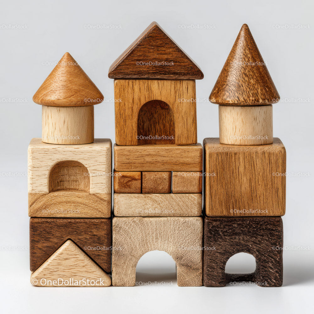 Stacked Wooden Blocks with House and Tree Shapes for Kids Play
