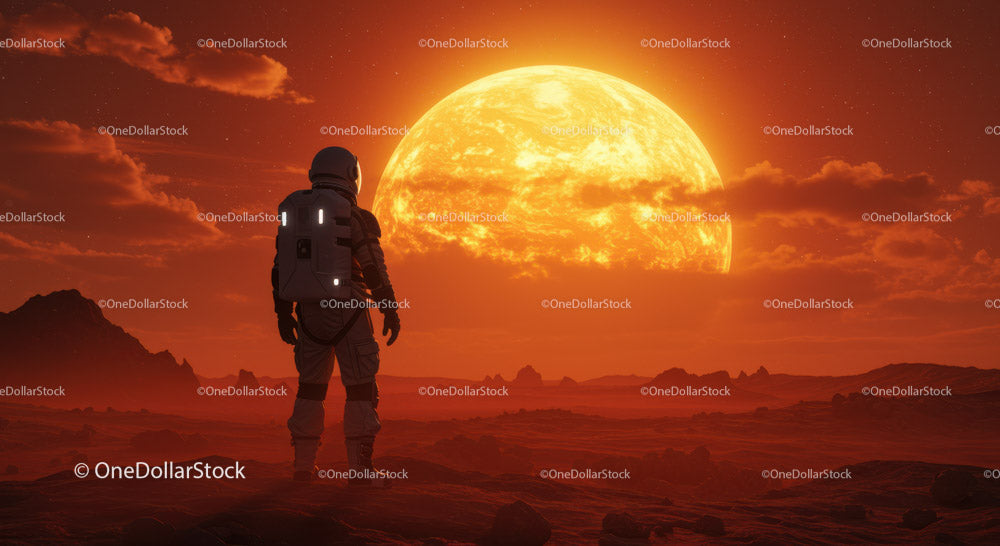 Astronauta stojący na powierzchni Marsa z dużym słońcem na niebie