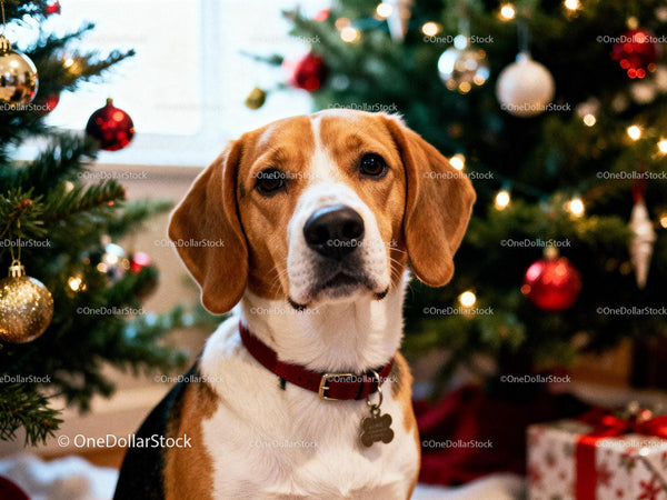 Beagle siedzący przy udekorowanej choince w domu
