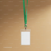 Blank badge with green lanyard on neutral background