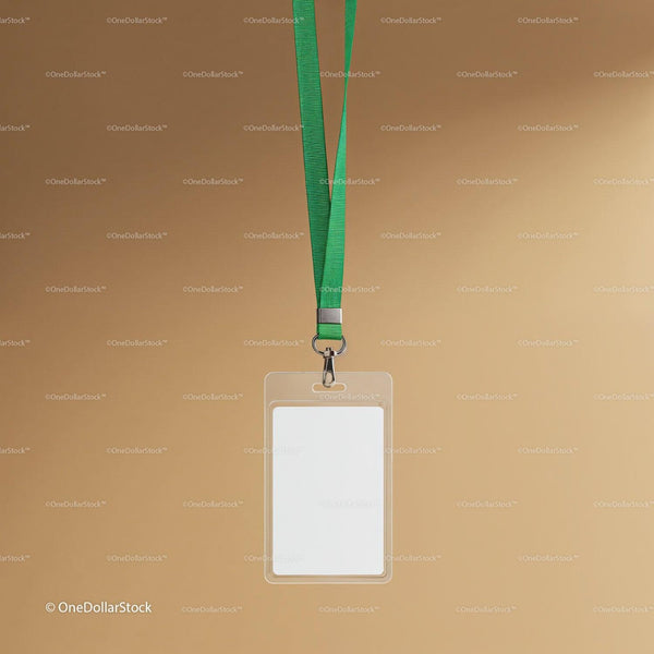 Blank badge with green lanyard on neutral background JPG Mockup Image
