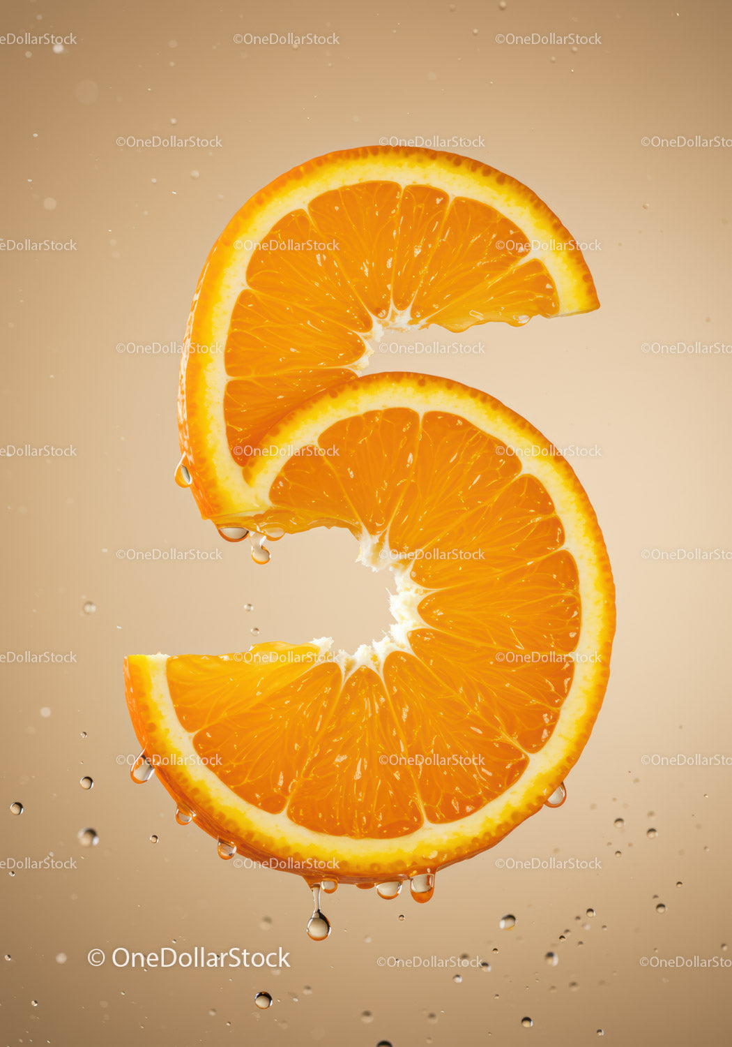 Fresh orange slices forming number five with water drops