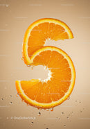 Fresh orange slices forming number five with water drops