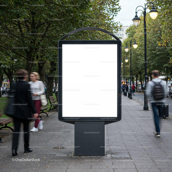 Blank urban billboard on busy pedestrian walkway JPG Mockup Image