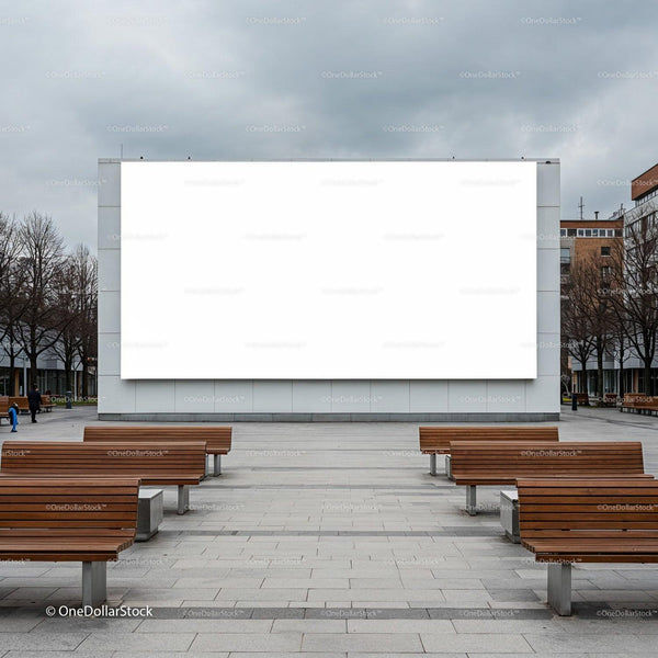 Empty urban outdoor cinema with blank white screen JPG Mockup Image