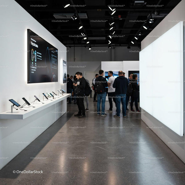 Group of people exploring latest smartphones at tech event JPG Mockup Image