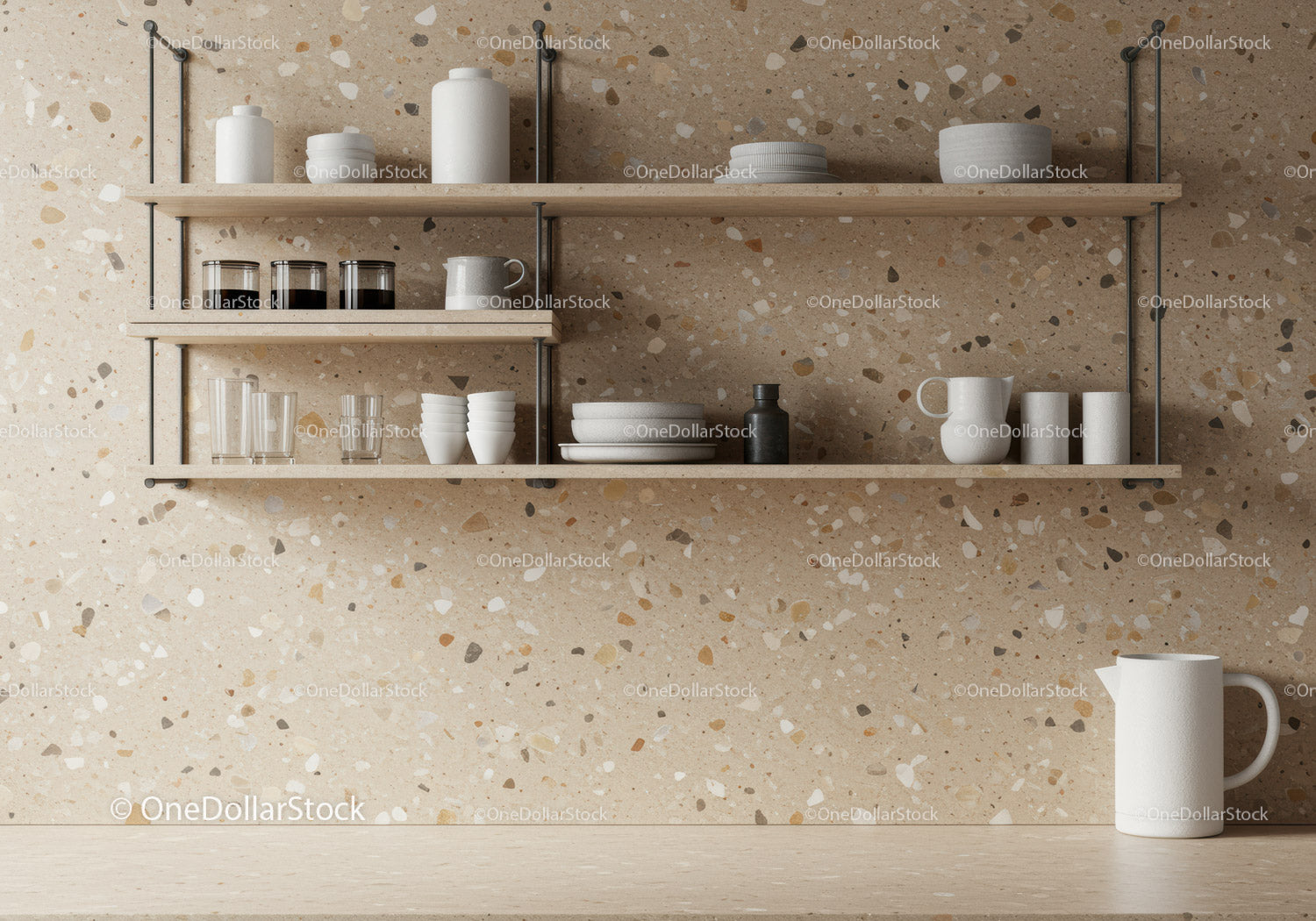 Minimalist Kitchen Shelves with Modern Glass and Ceramicware