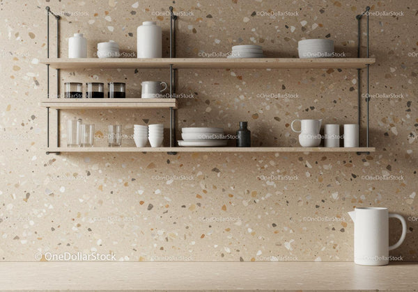 Minimalist Kitchen Shelves with Modern Glass and Ceramicware