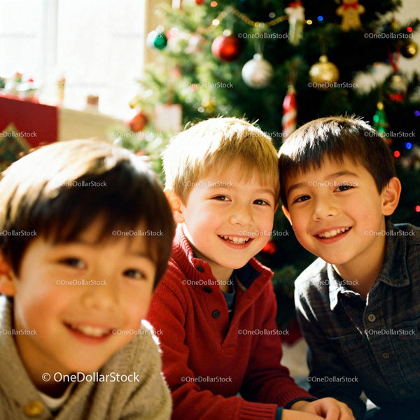 Three happy children smiling by decorated Christmas tree