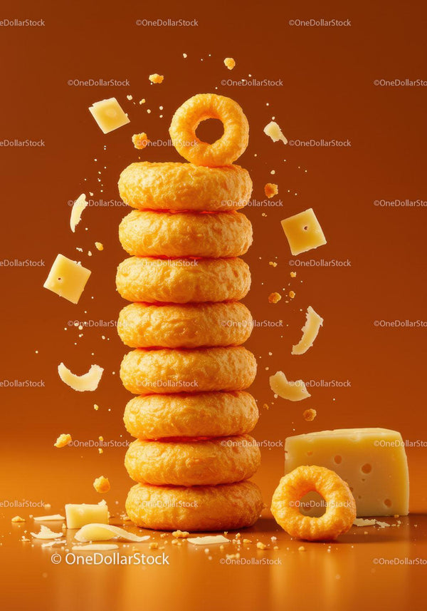 Stack of crunchy cheese rings with cheese chunks