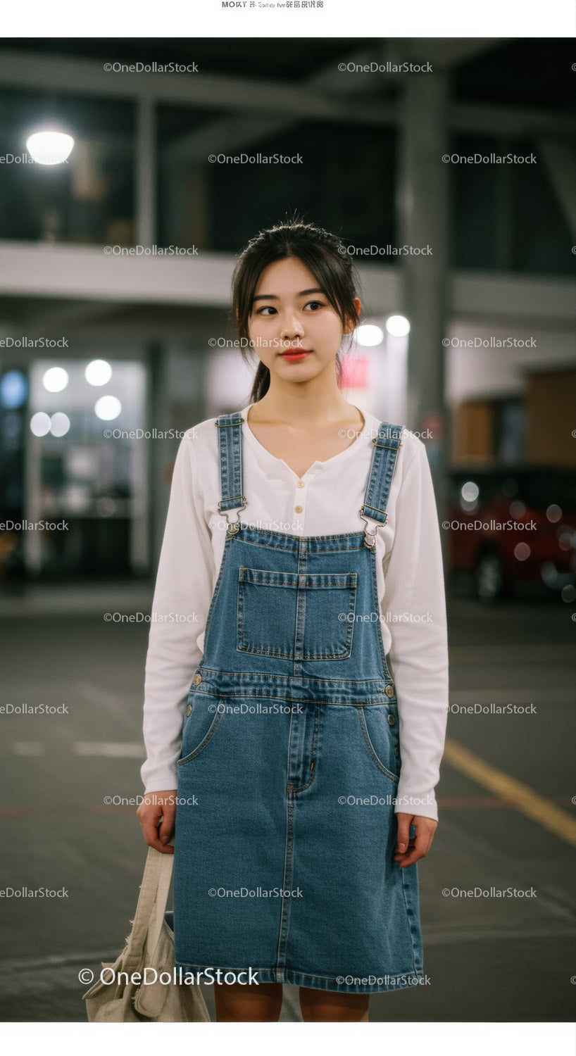 Young Woman Wearing Denim Dress and White Blouse in Night Urban Setting