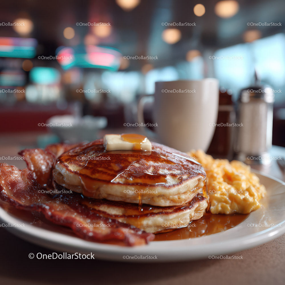 Sweet Pancakes with Bacon and Maple Syrup on a Breakfast Plate