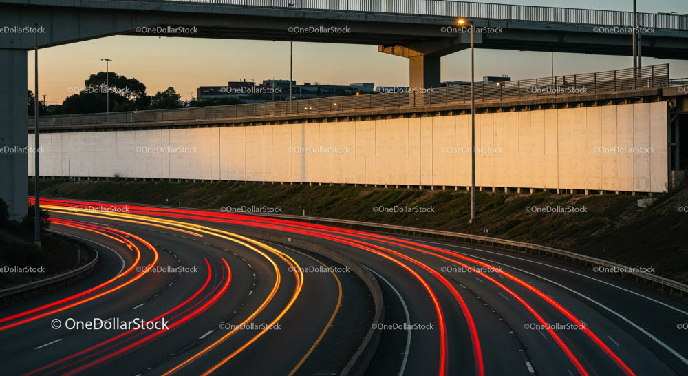 City Highway with Light Trails During Sunset in Urban Environment